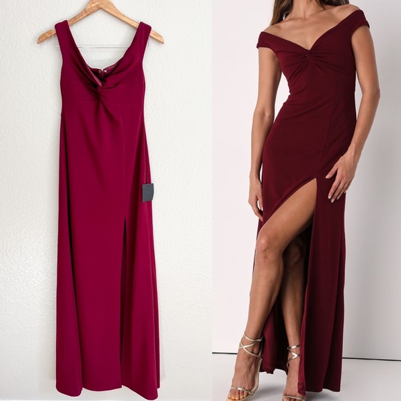 NWOT Behold My Love Burgundy Off-The-Shoulder Twist-Front Maxi Dress - Picture 1 of 9